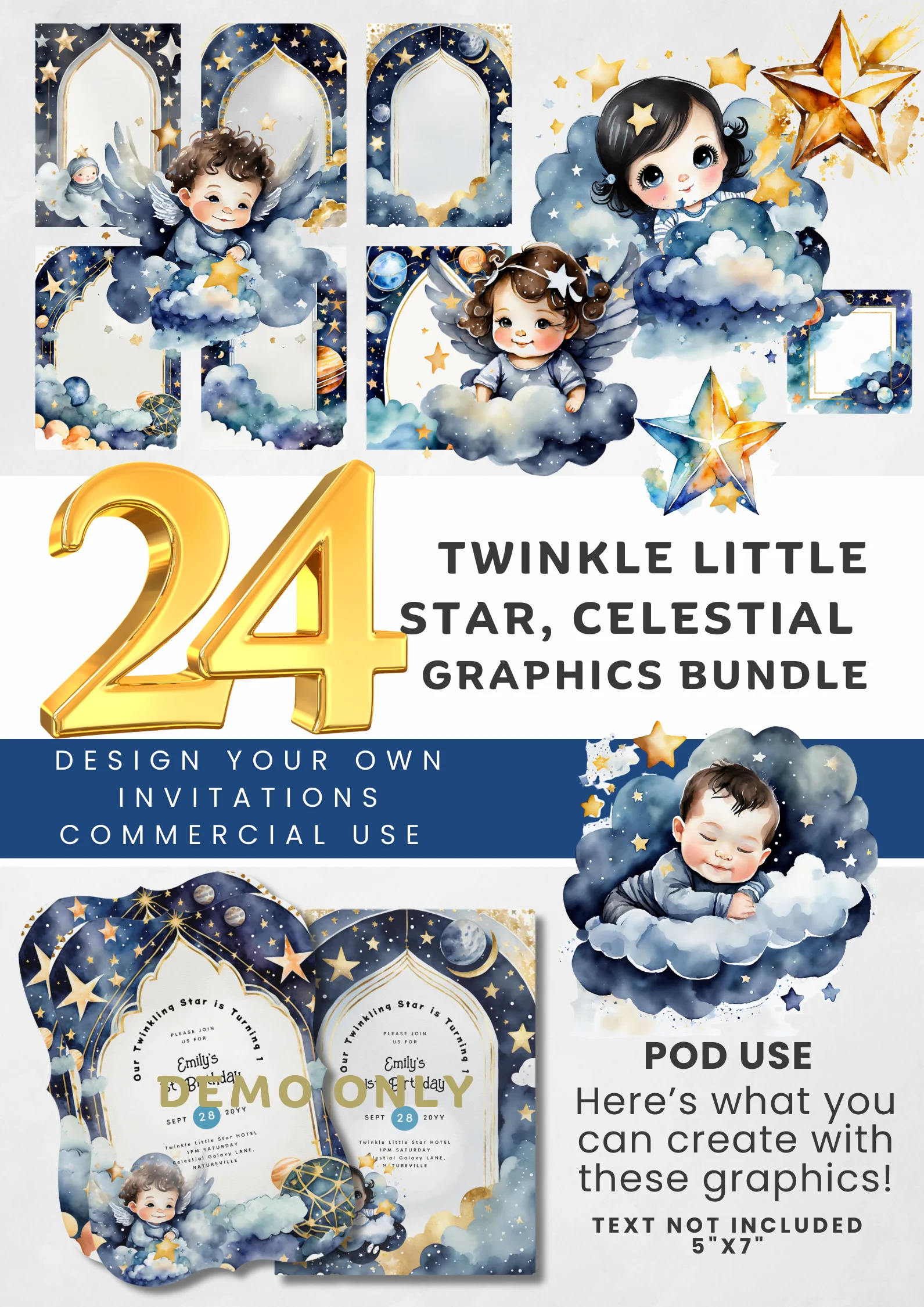 Twinkle Little Star Baby Shower and 1st Birthday Invitation Graphics Bundle product image (1)