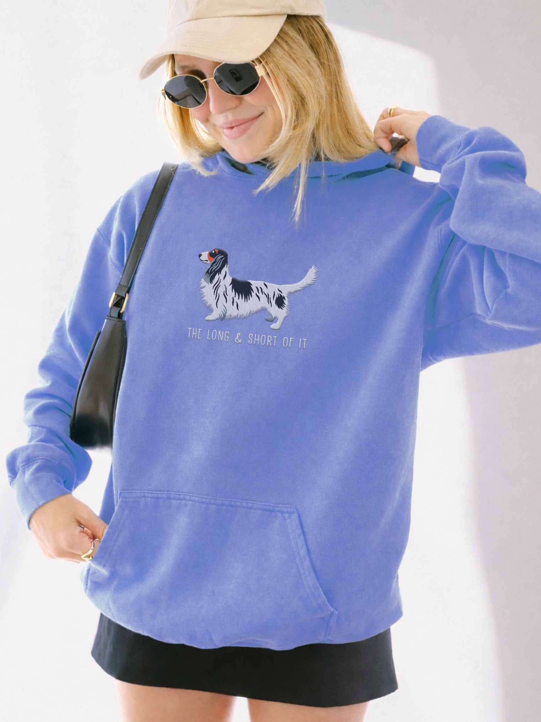 The Long & Short of It Premium Hoodie (Embroidered) of a Longhaired Dachshund(Pied Black & White) product image (2)