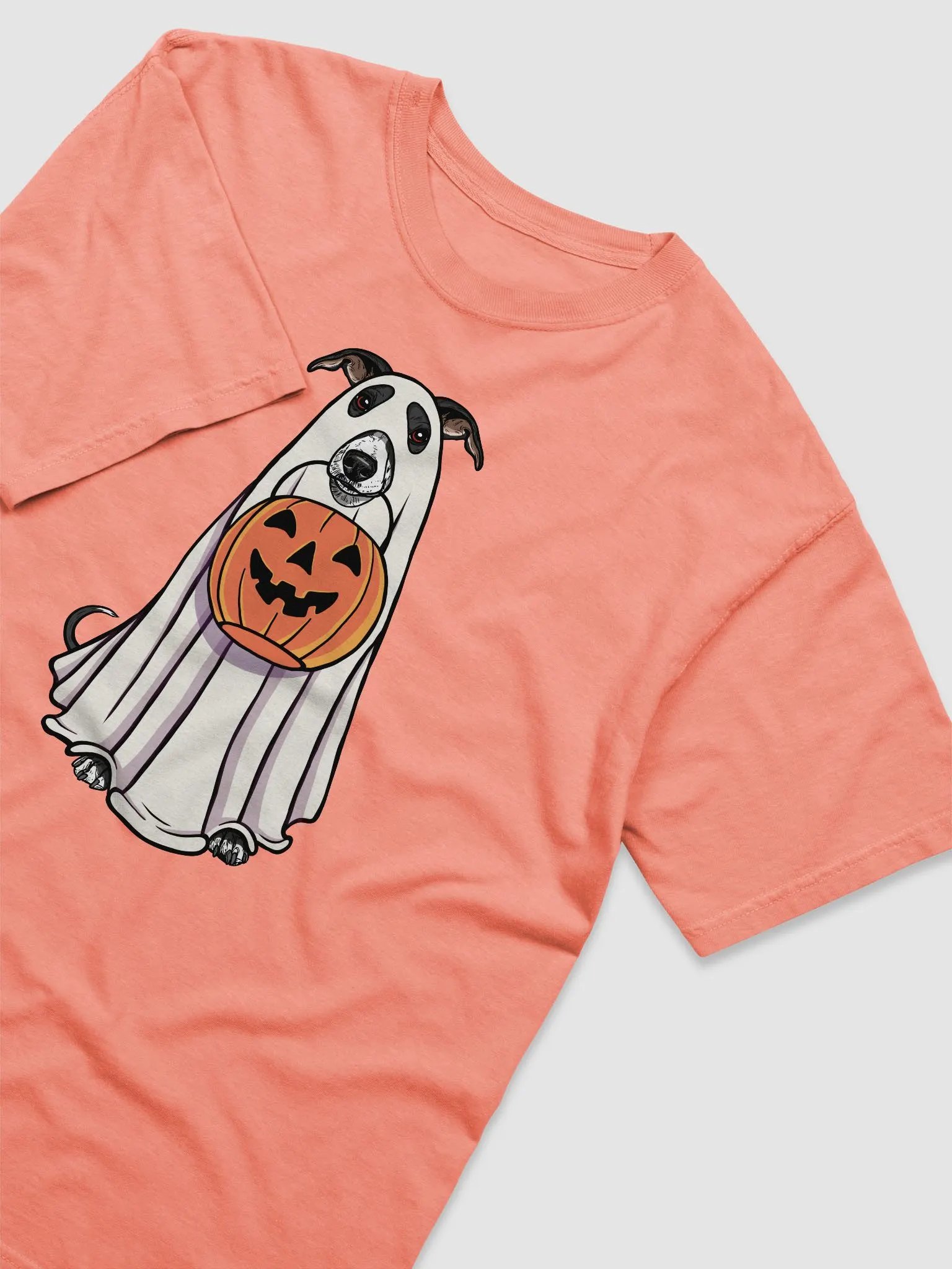 Funny Halloween Whippet(Black) T-Shirt | Funny Dog Wearing a Ghost Costume and Holding a Pumpkin Basket product image (6)