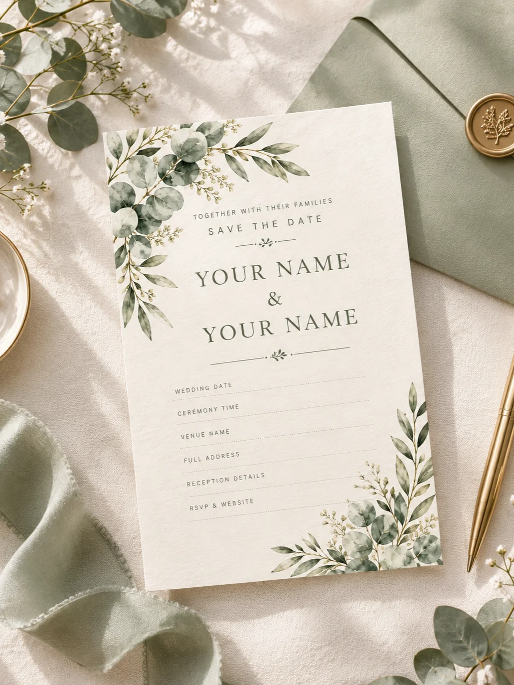 Sage Green Eucalyptus Wedding Invitation Template, Editable Canva Invite, Botanical Greenery Wedding Invitation, Printable Download product image (3)