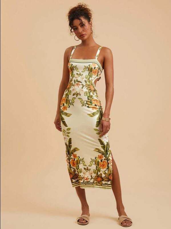 Yellow Floral Backless Midi Dress — Boho High Waist Cami Slit Dress product image (1)