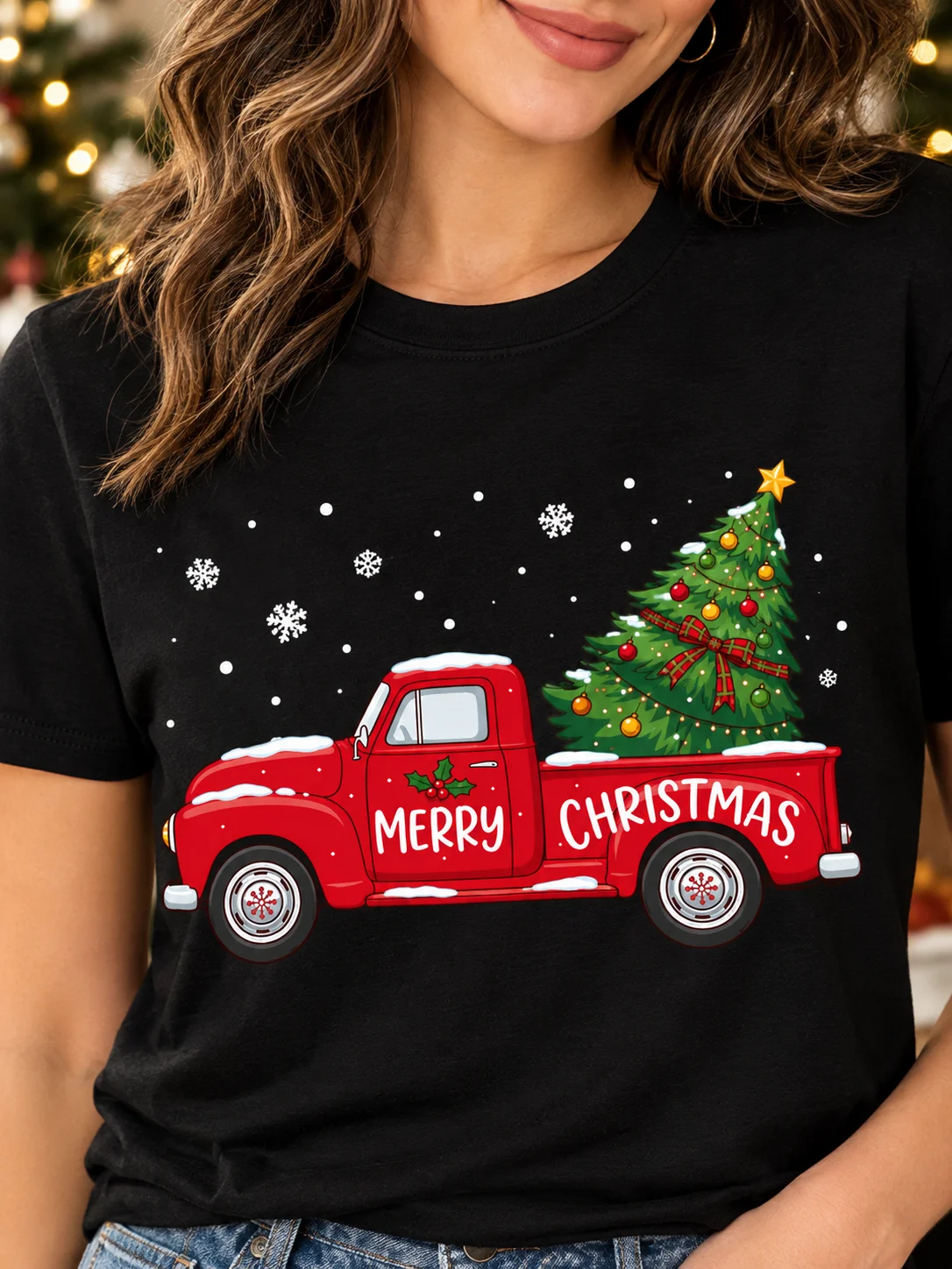 Classic Vintage Red Truck Carrying Christmas Tree - Merry Christmas Old Pickup Graphic Shirt product image (4)