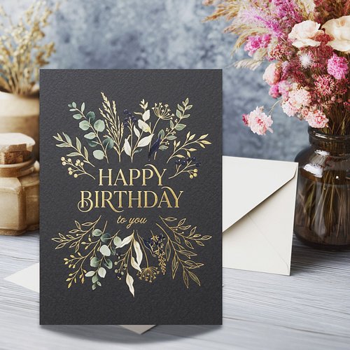 Floral Gold Foil Happy Birthday greeting card | Blank Interior for handwritten message