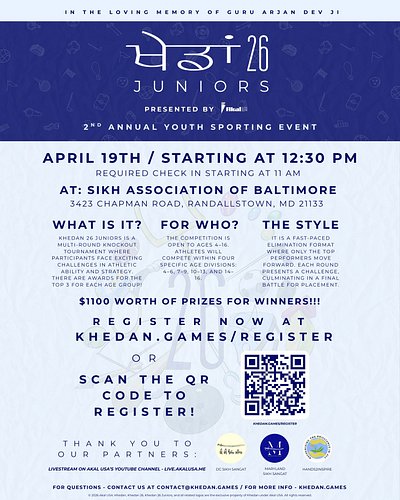 Are you ready??? Khedan 26 Juniors, the 2nd Youth Annual Sporing Event is here! Held on April 19th. Held at Sikh Association ...