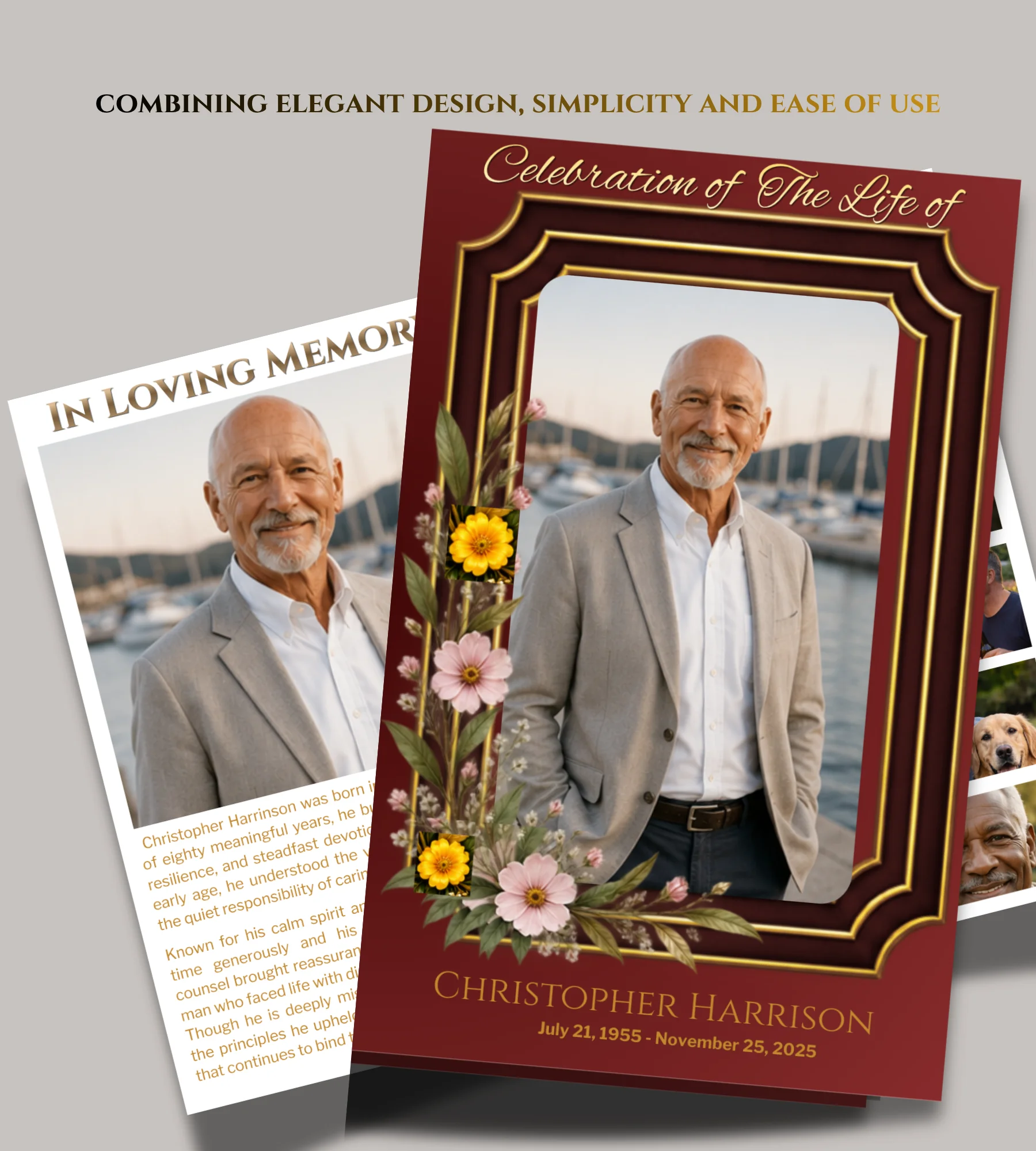 Burgundy Floral Funeral Program Template for Men (Canva Editable Bifold) product image (4)
