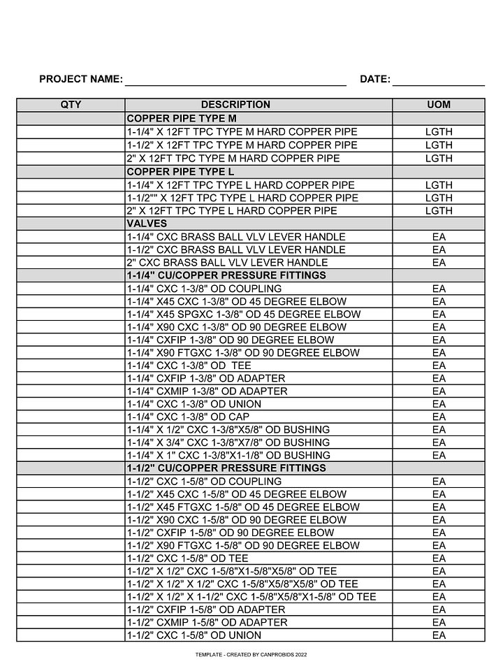 Domestic Water Cu BOM MS Excel Template No. 2 product image (2)