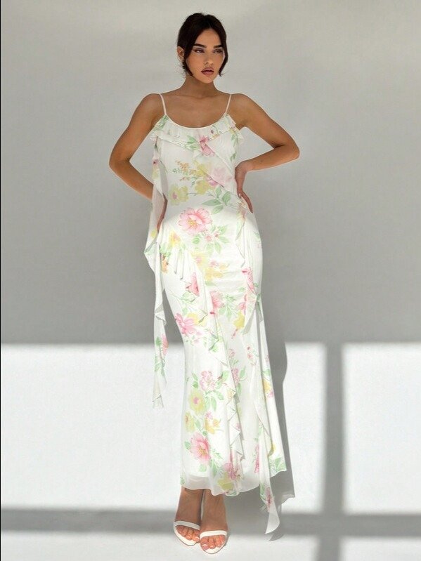 Floral Print Backless Spaghetti Strap Maxi Dress | Women's Elegant Ruffle High Waist Cami Dress for Holiday, Dating & Valentine's Day | ADLEST product image (1)