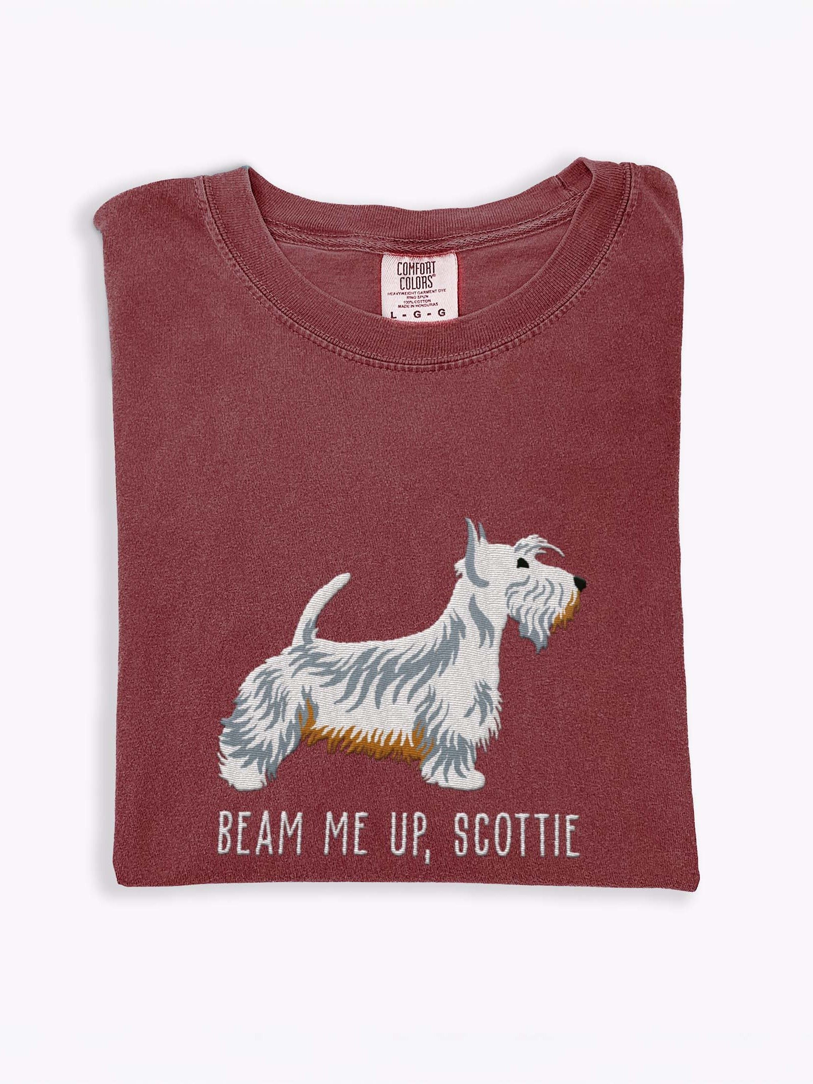 Beam Me Up, Scottie T-Shirt(Embroidered) of a Scottish Terrier(White) product image (1)