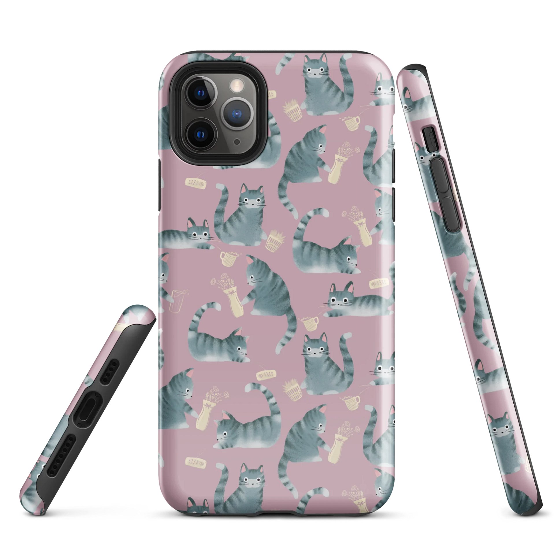 Bad Grey Tabby Cats Knocking Stuff Over Patterned iPhone Case, Pink product image (5)
