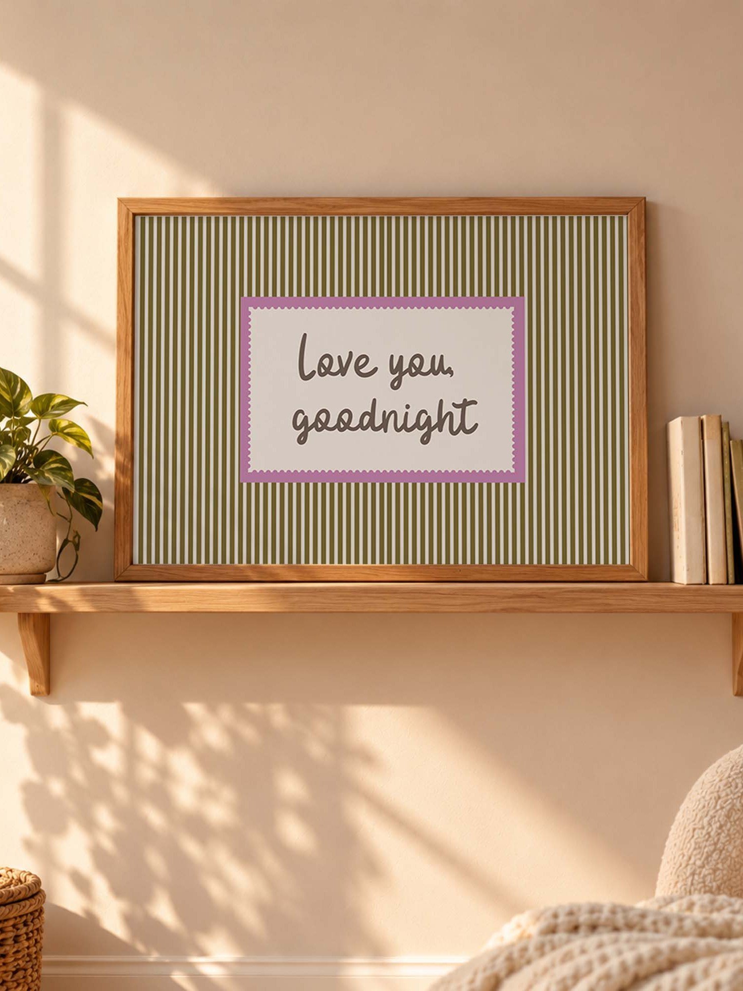 Love You Goodnight Print, Retro Striped Wall Art, Handwritten Quote Poster, Neutral Bedroom Nursery Decor, Horizontal Digital Download product image (2)