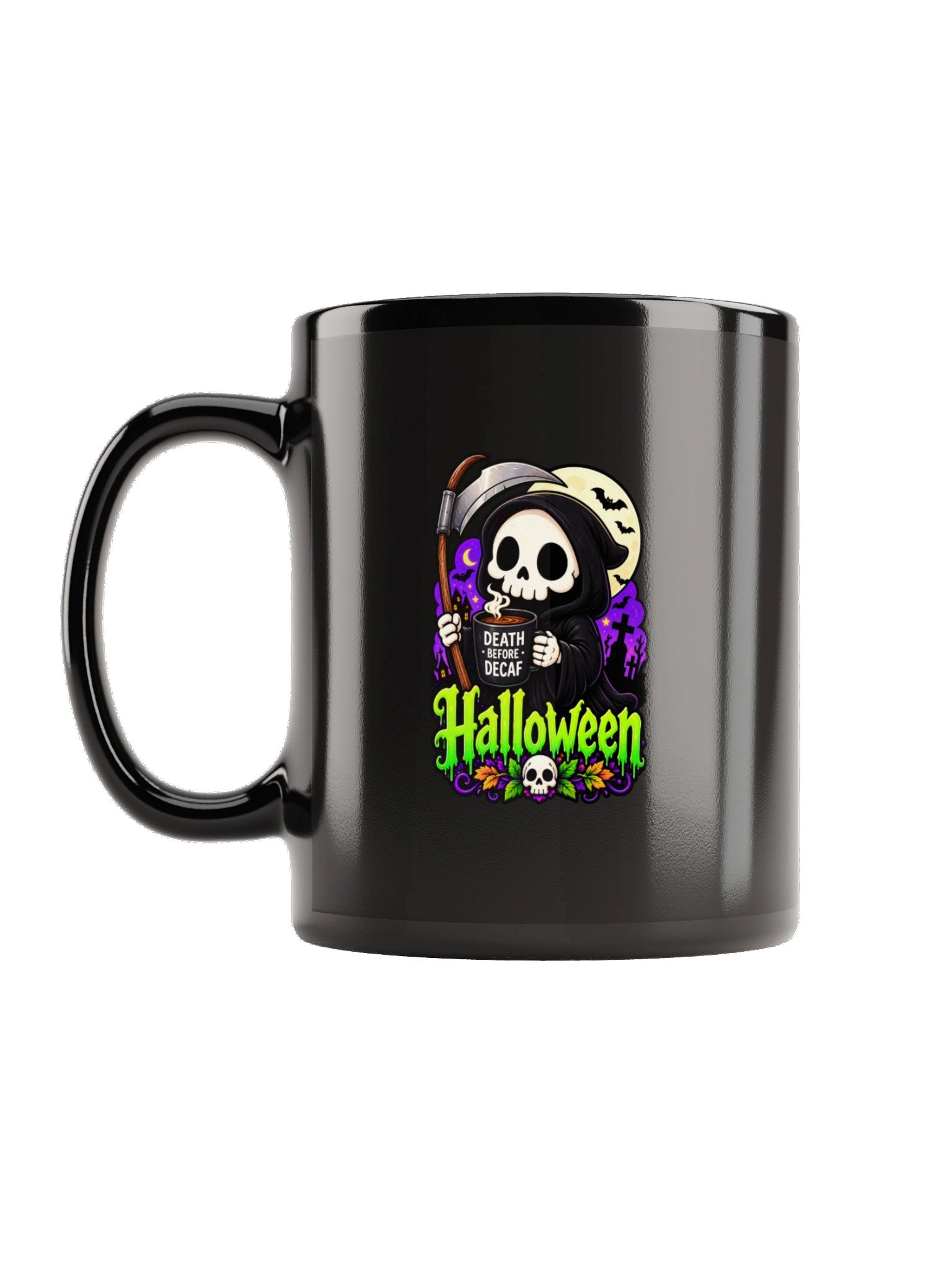 Grim Reaper Halloween Coffee Mug – Death Before Decaf product image (1)