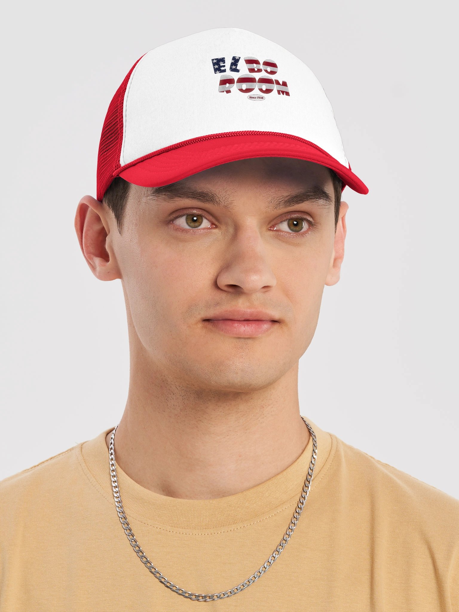 Elbo Room Retro Flag Text Trucker Hat | Red & White Edition product image (26)
