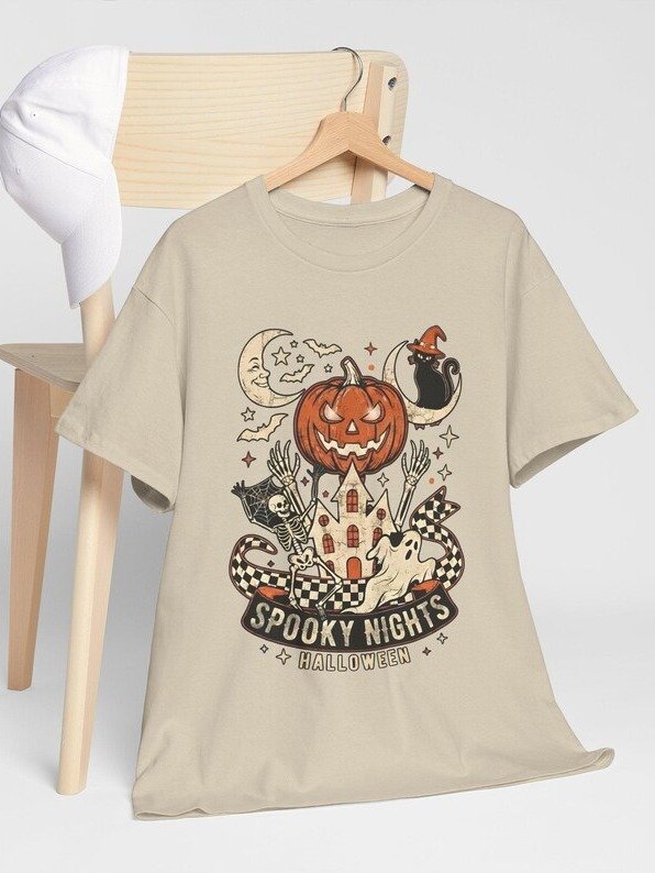 Spooky Nights Halloween Pumpkin Tee | Haunted House Jack-O'-Lantern Shirt product image (6)