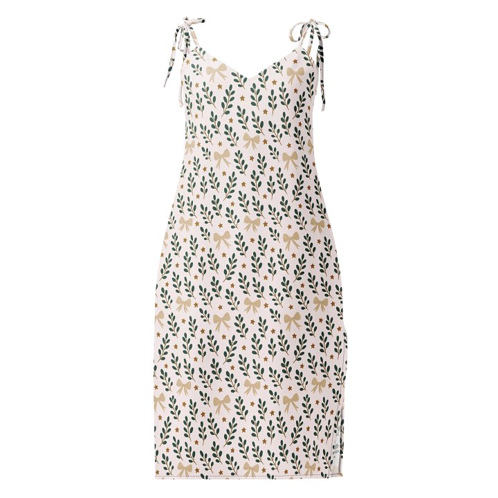 All-Over botanical ribbons & stars Christmas dlip dress. Elegant full print festive fashion product image (1)