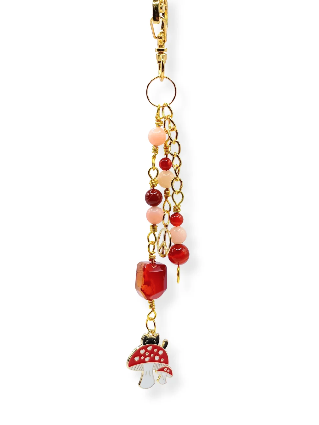 Black Cat & Mushroom Purse Charm | Carnelian & Peach Aventurine, Gold-Tone | "Happy Camper" product image (6)