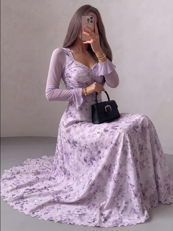 Modelyn Purple Butterfly Floral Mesh Print Pleated Ruffle Hem Elegant Romantic High-End Wedding Women's Midi Dress Date Tea Party Garden Autumn product image (1)
