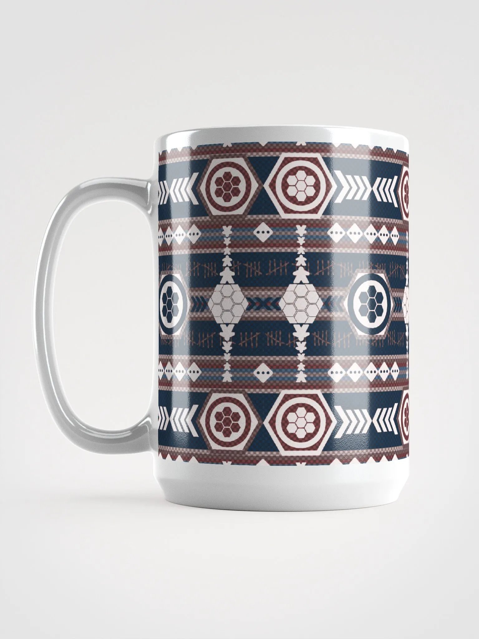 Rustic Southwestern Pattern Board Game Mug, Blue Red Purple 15 oz large mug with Aztek pattern product image (8)