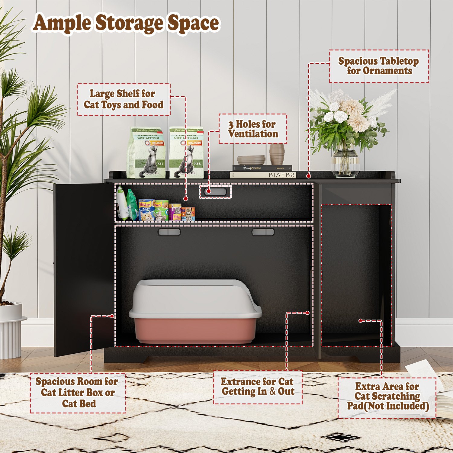 Black Hidden Cat Litter Box Furniture Indoor Wooden Cat Litter Box Enclosure with Double Movable Doors and Divider for Living Room Washroom product image (4)