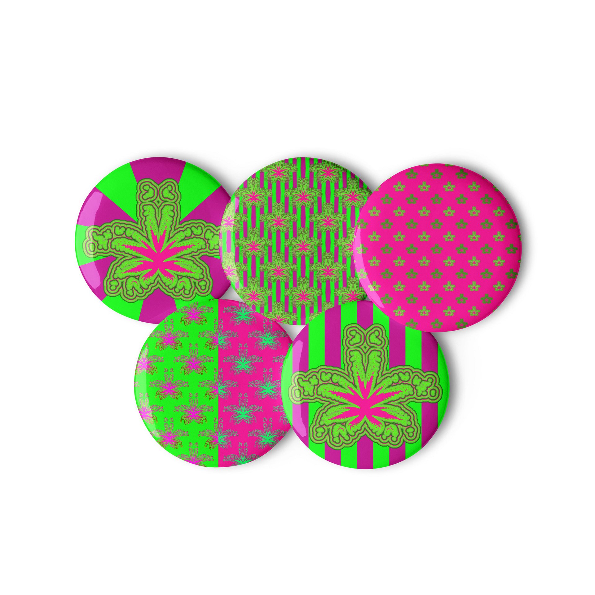 Neon Green Hot Pink Pot Leaf Pins, Stoner Circus Cannabis Art Pin Button Set, Weird Weed Accessories product image (1)