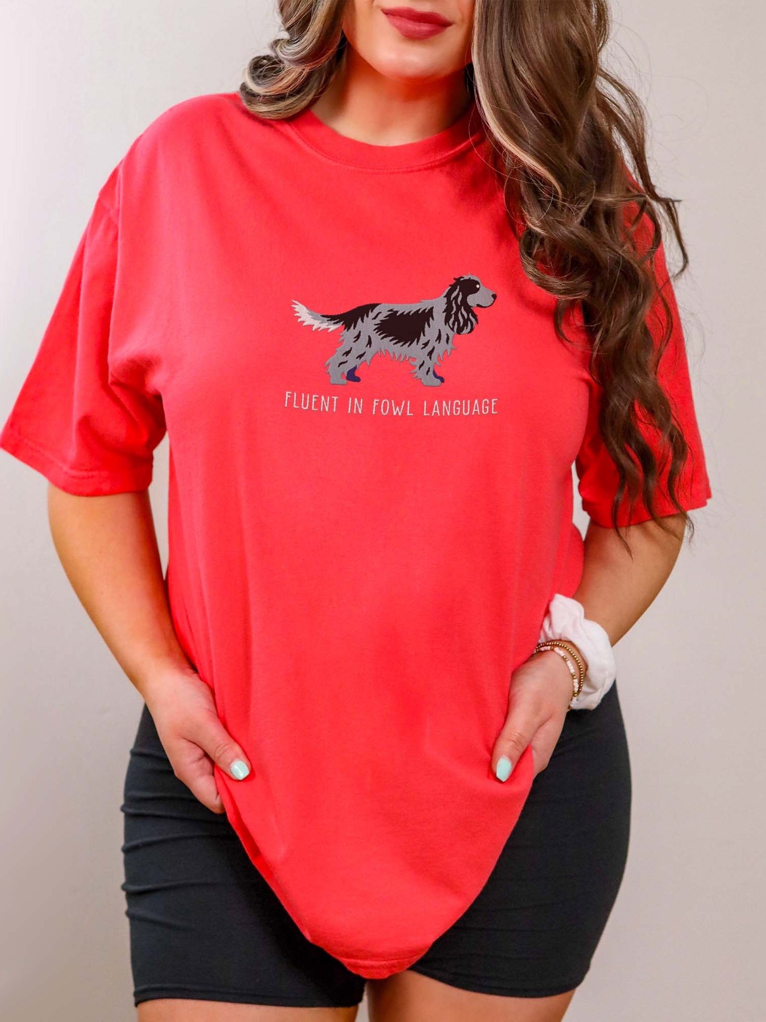 Fluent in Fowl Language T-Shirt(Embroidered) of an English Cocker Spaniel(Blue Roan) product image (2)