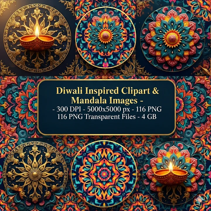 116 Diwali Mandala Clipart Bundle | High Resolution PNG Rangoli, Lotus, Paisley and Diya Designs product image (1)