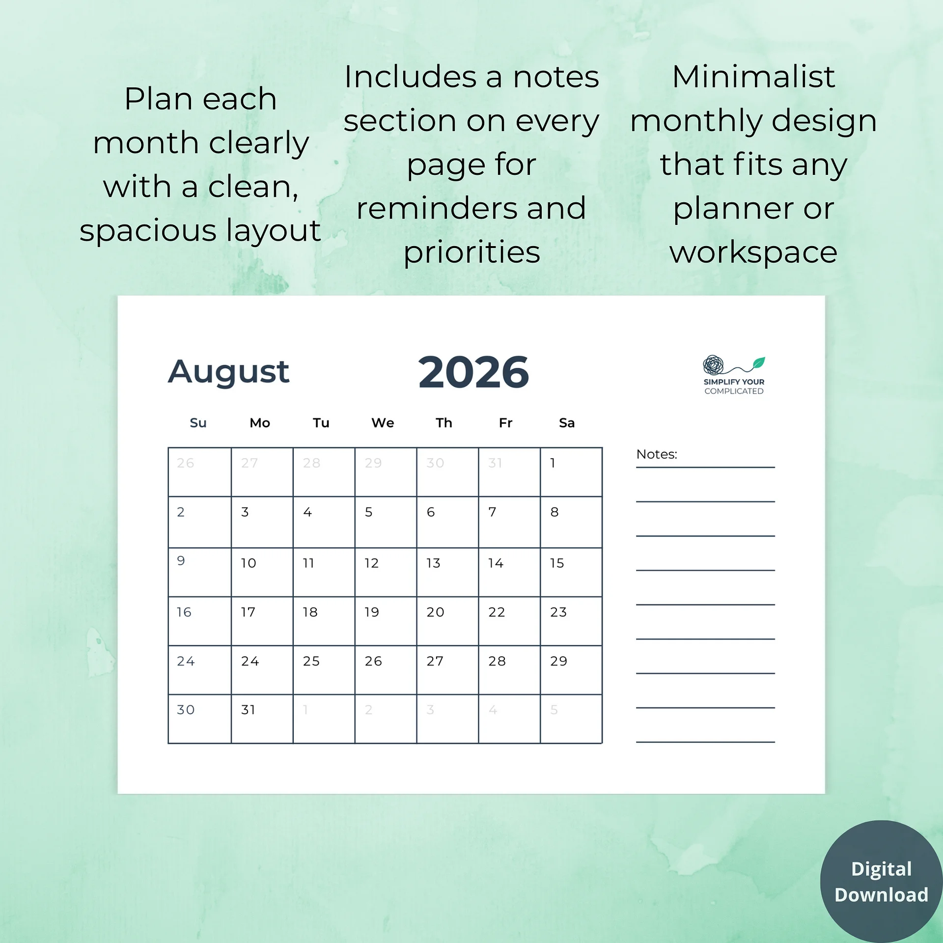2026 Monthly Calendar product image (2)