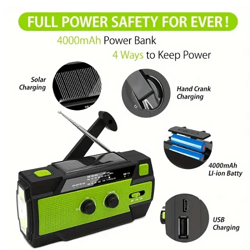 4000mAh Emergency Crank Solar Radio - Multi-Function Weather Power Bank/Flashlight product image (3)