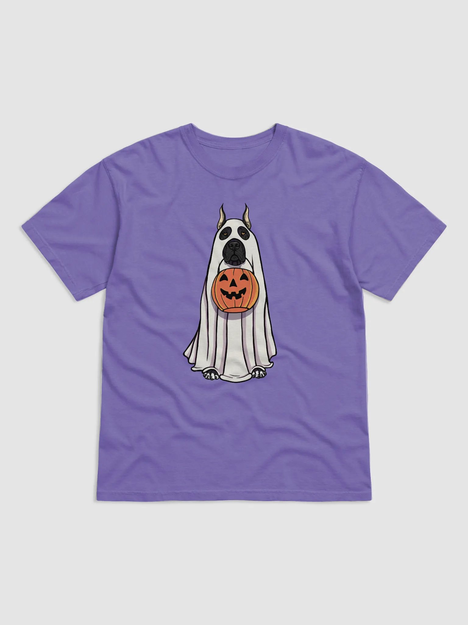 Funny Halloween Great Dane(Cropped Ears, Black) T-Shirt | Funny Great Dane Wearing a Ghost Costume and Holding a Pumpkin Basket product image (1)