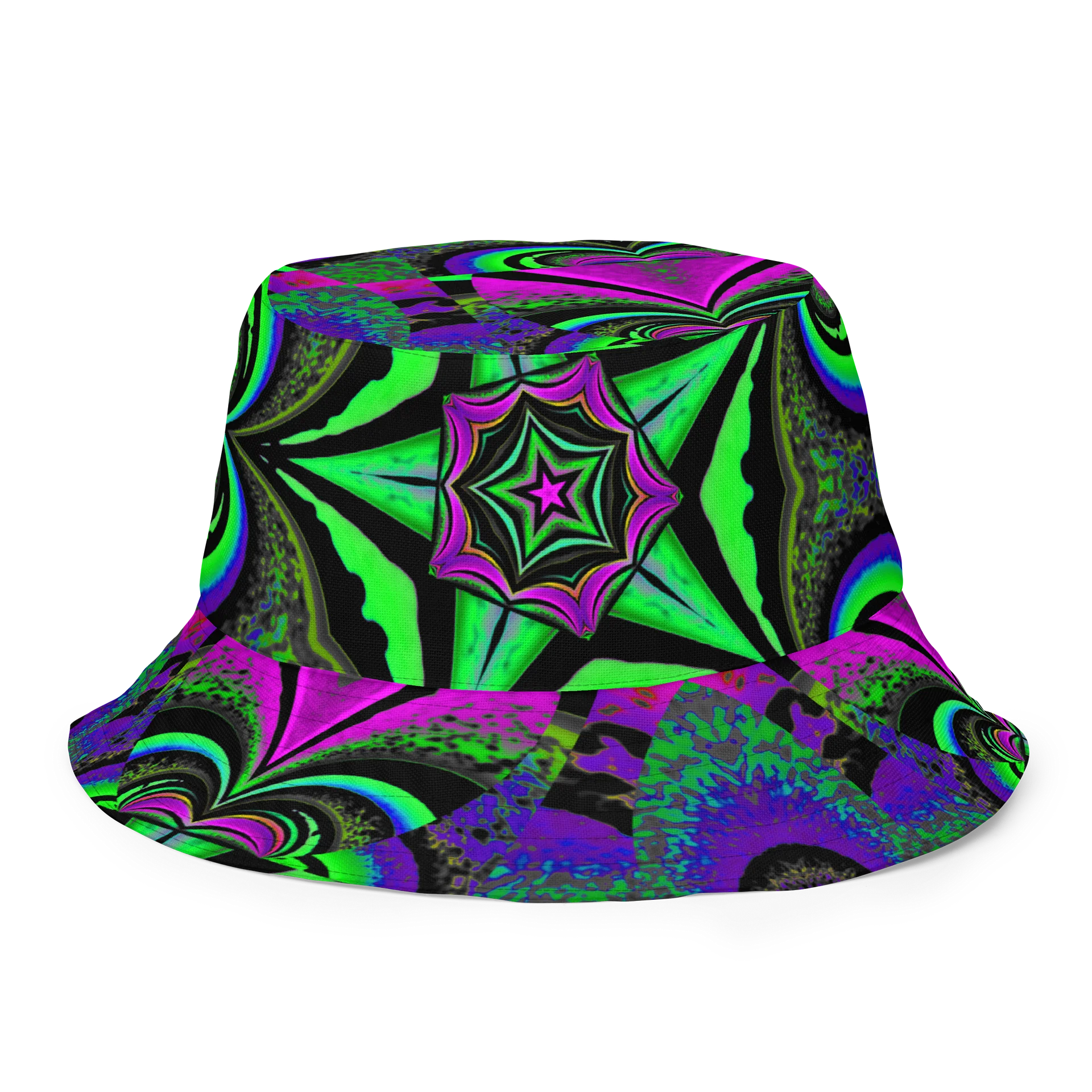 Psychedelic Stoner Raver Reversible Bucket Hat, Weird Weed Leaf 420 Festival Fashion Accessory, Kaleidoscope Star Trippy Cannabis Art product image (5)