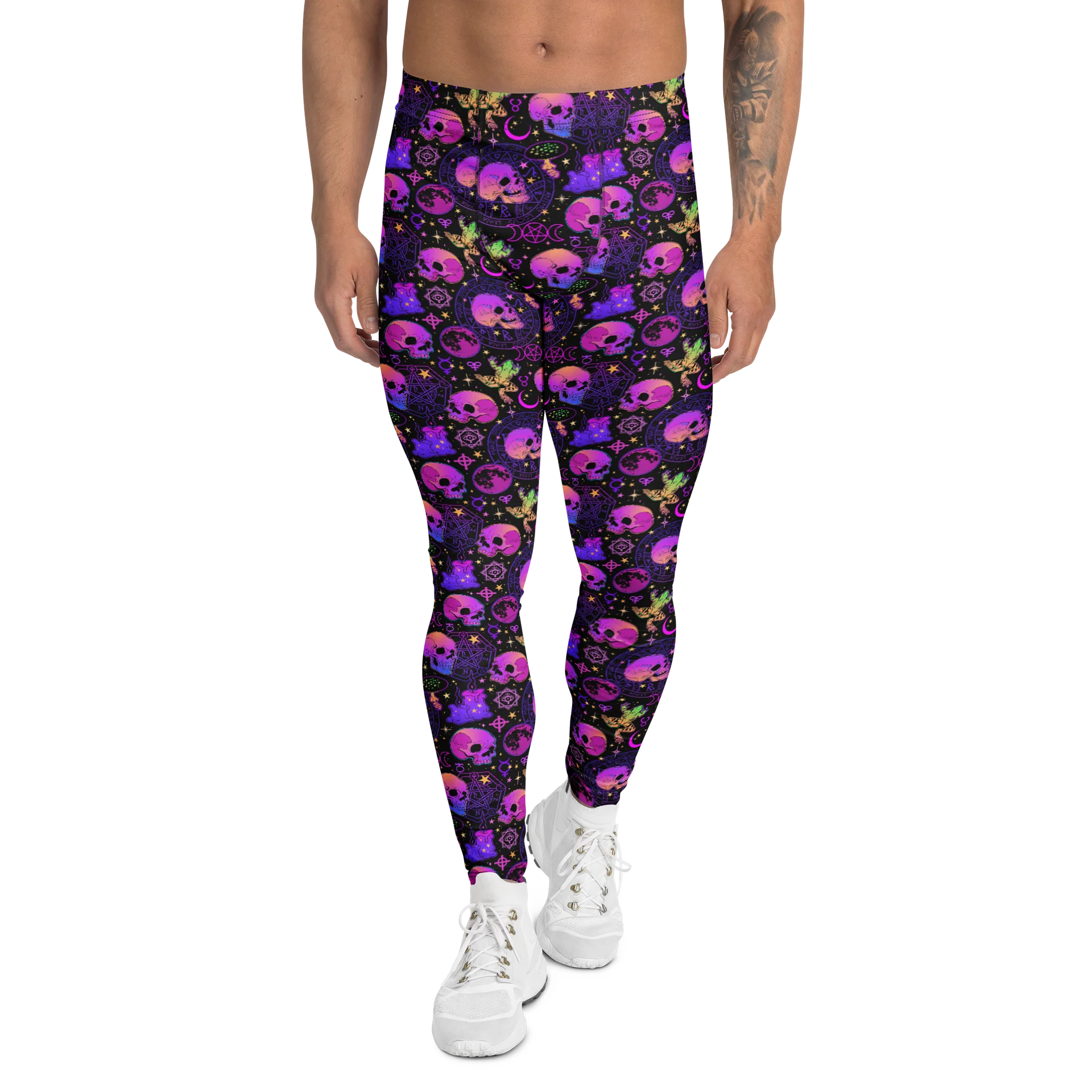 Comfortable Men’s Leggings in Bold Neon Skulls product image (1)