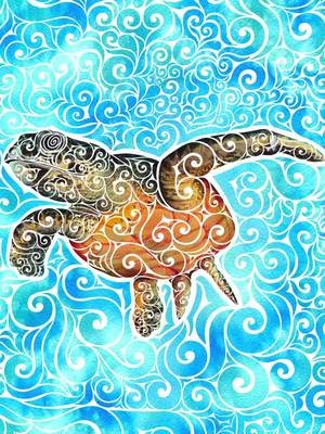 Swirly Seaturtle  She’s not in a hurry, and she doesn’t need to be. This Swirly Seaturtle glides through the deep, her flippers pushing steady and sure against currents made of pure watercolor movement. Every Wave beneath her swirls and curls in ink, the whole Ocean caught in motion around her, while she stays calm and the center of it. Some Creatures don’t chase the current. They become it. #SwirlyDesign #Seaturtle #MixedMedia #OceanArt #AnimalArt
