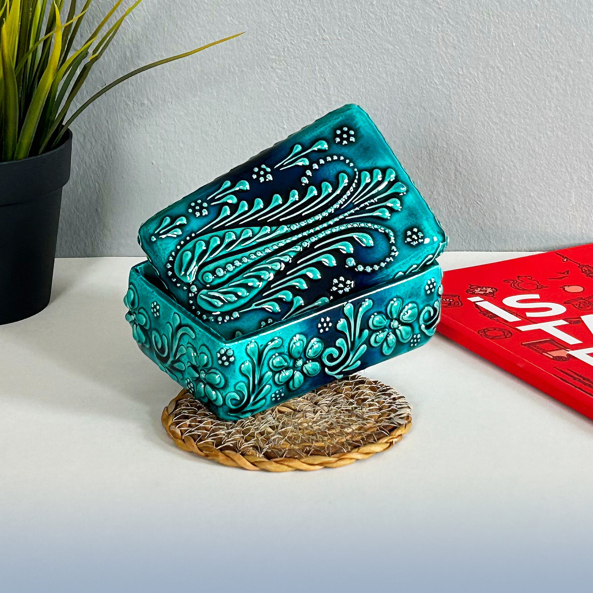 Ceramic jewelry box, turquoise/green/emerald — handmade pottery product image (3)