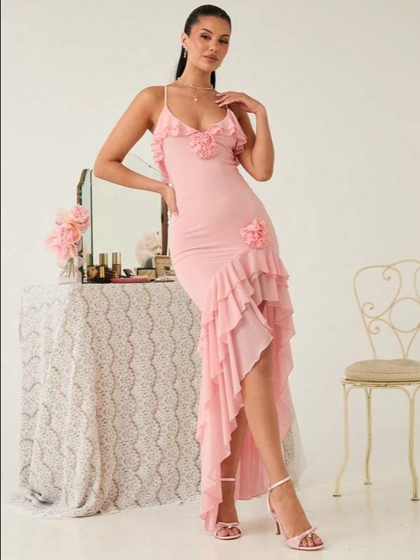 Soft Pink 3D Floral Ruffled Backless Maxi Dress | High-Slit Cami for Dinner Date, Wedding Guest & Vacation | ADLEST product image (1)