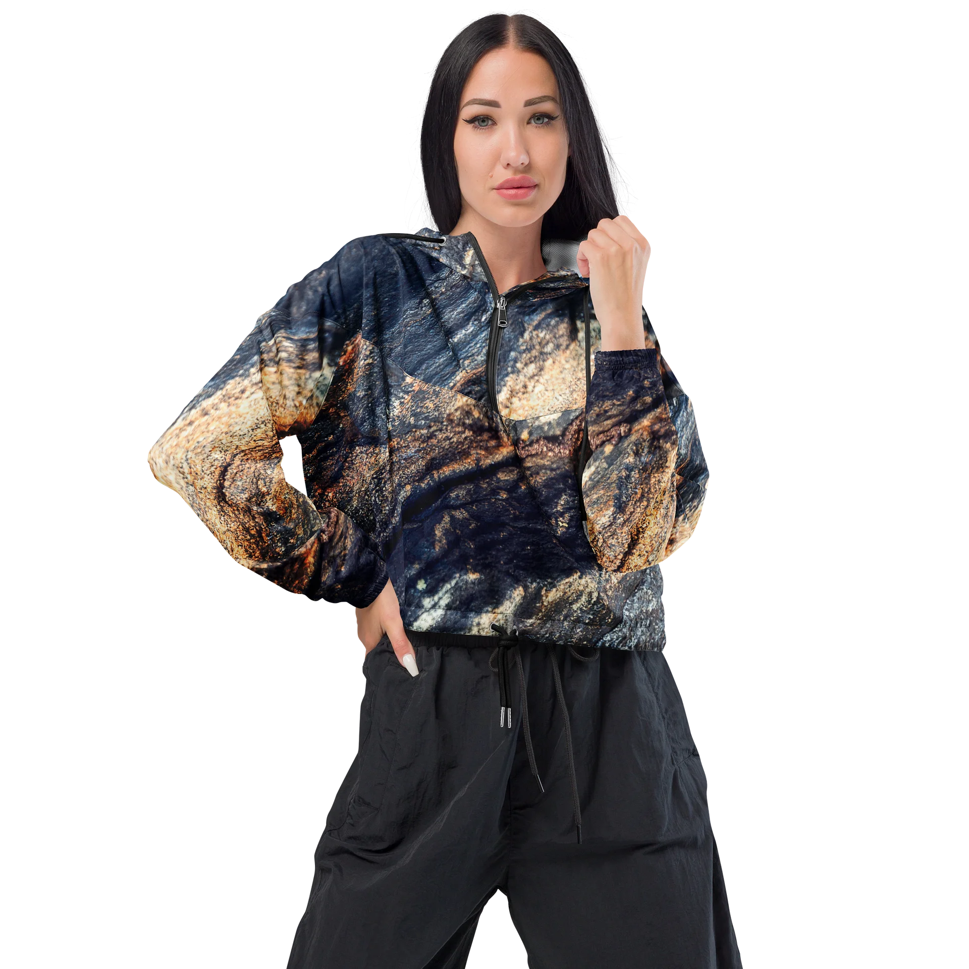 Obsidian Vein Women's All-Over Print Dark Mineral Cropped Windbreaker product image (1)
