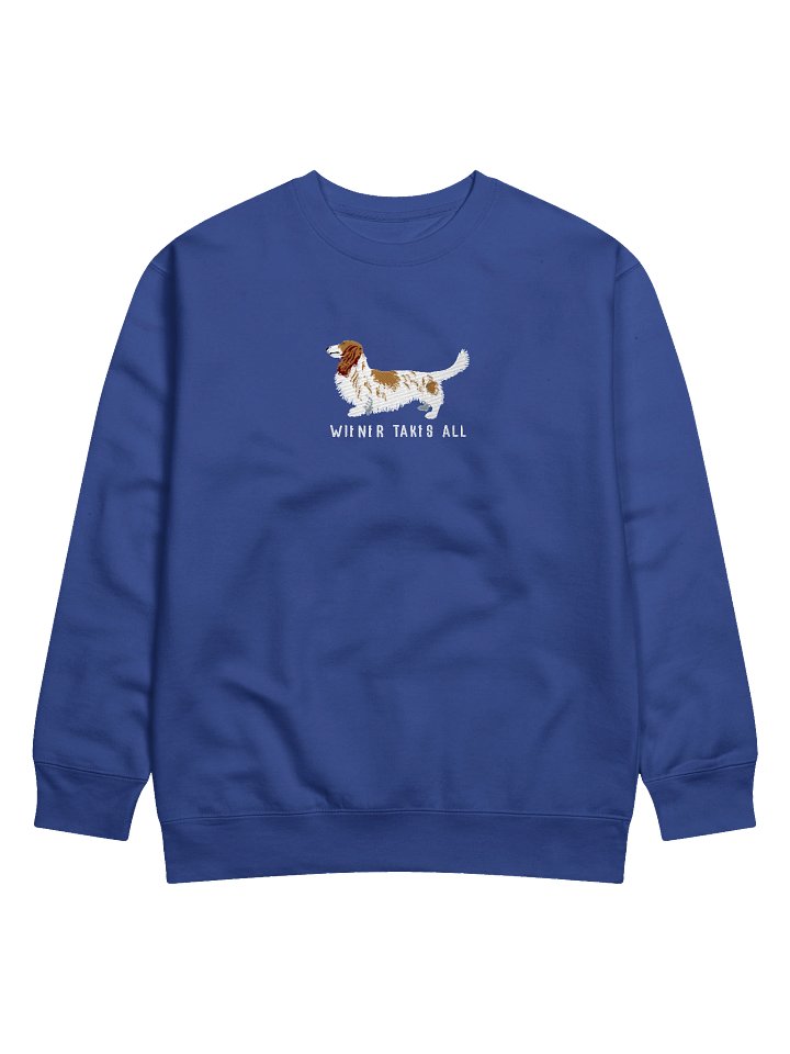 Wiener Takes All Sweatshirt (Embroidered) of a Longhaired Dachshund(Pied Brown & White) product image (15)