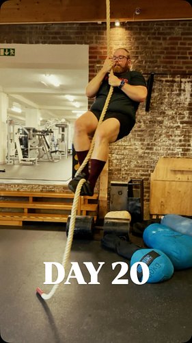 Rope Climb Day 20. Trying to stand up and hold on, using my feet. Small improvements.