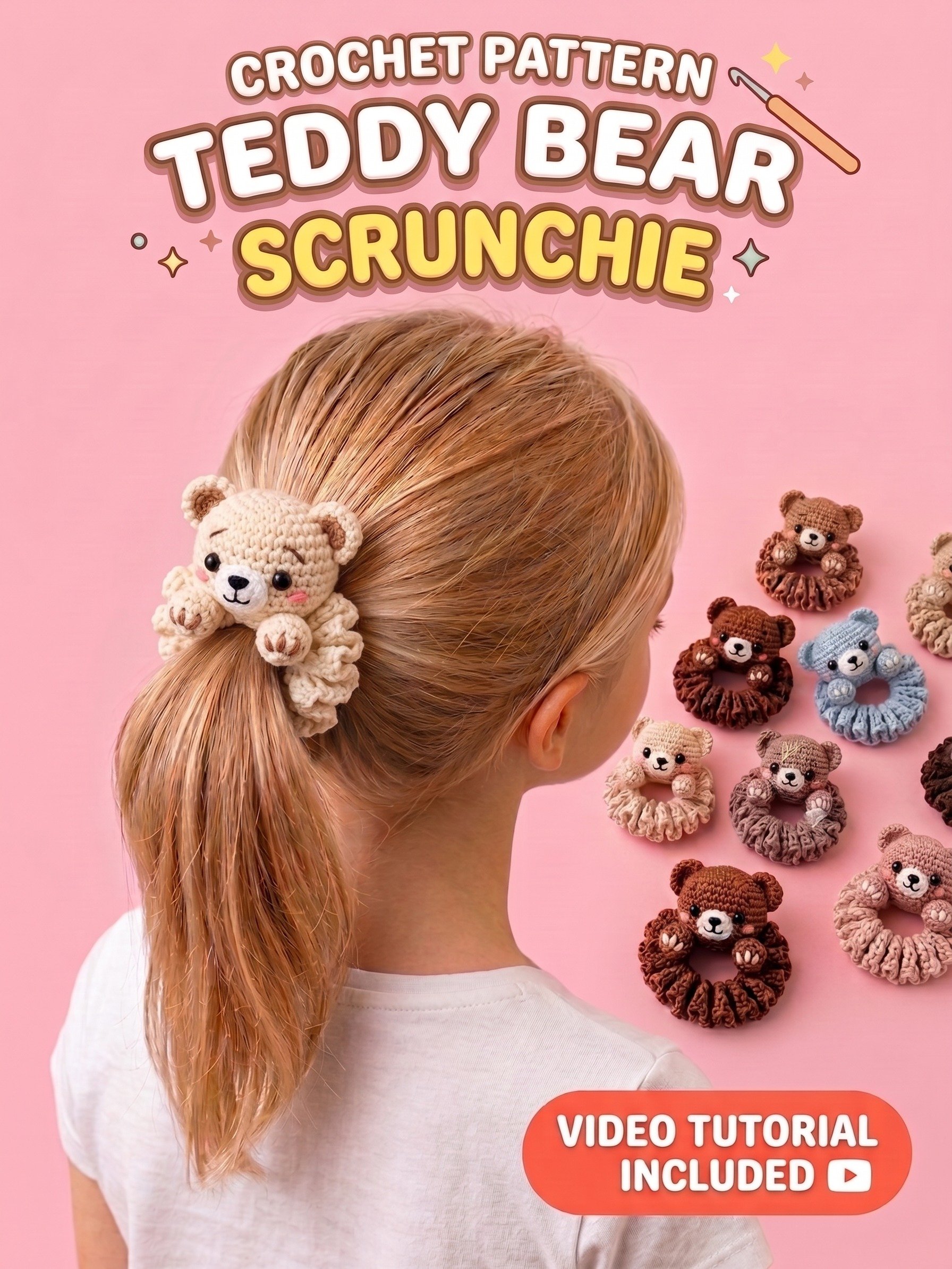 Teddy Bear Scrunchie Crochet Pattern PDF, Amigurumi Hair Tie, Video Tutorial Included product image (2)