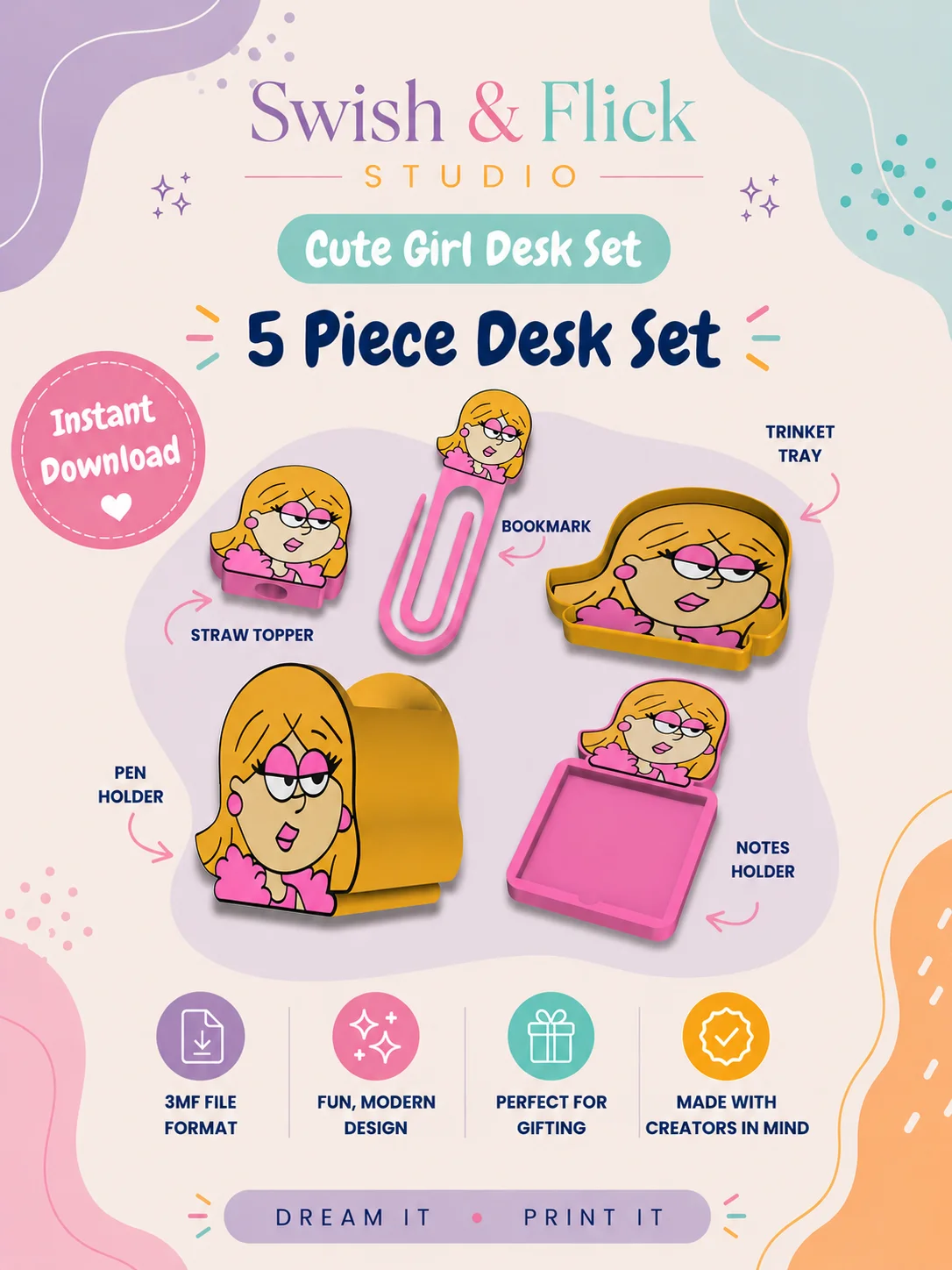 Cute Girl Desk Set 3MF Bundle | Kawaii Desk Accessories Digital Files | Pen Holder, Trinket Tray, Bookmark & Straw Topper Set for 3D Printing product image (1)