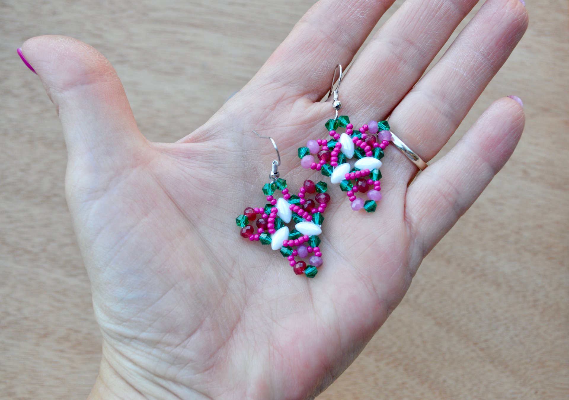 Sparkly Pink and Green Beaded Triangle Earrings product image (2)