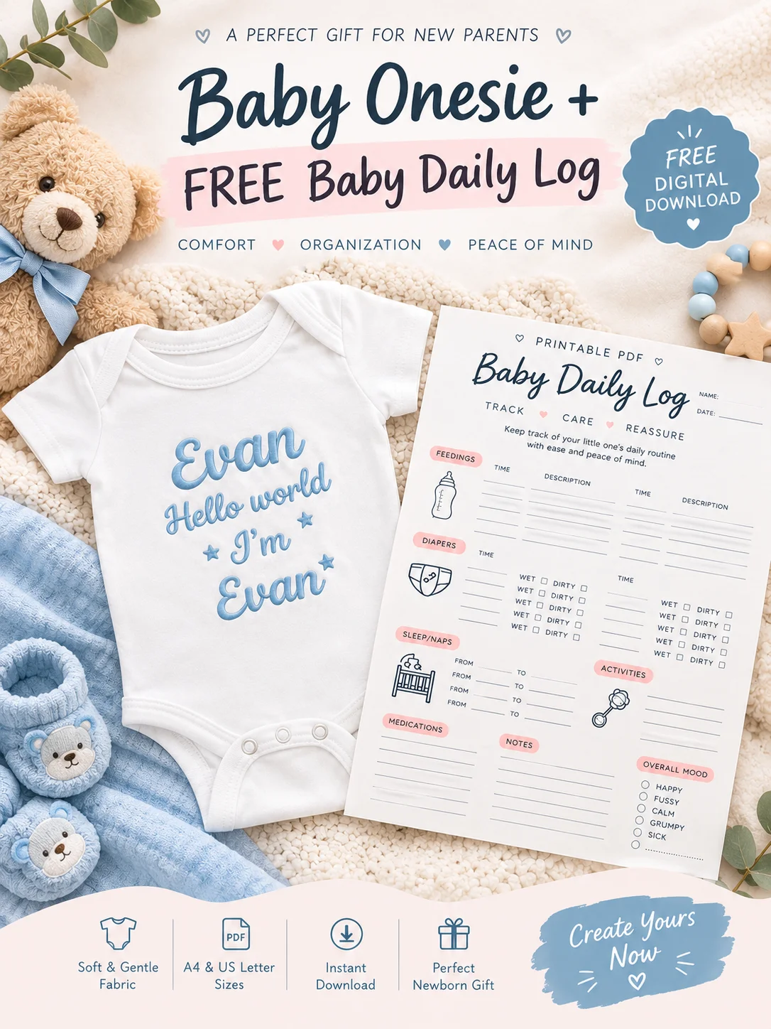 Baby Onesie + Free Baby Daily Log Tracker. product image (1)