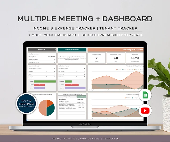 Multiple Meeting + KPI Dashboard - Meeting Notes, Agenda, Action Items, and Dashboard, Notes (Google Sheets Template) product image (1)