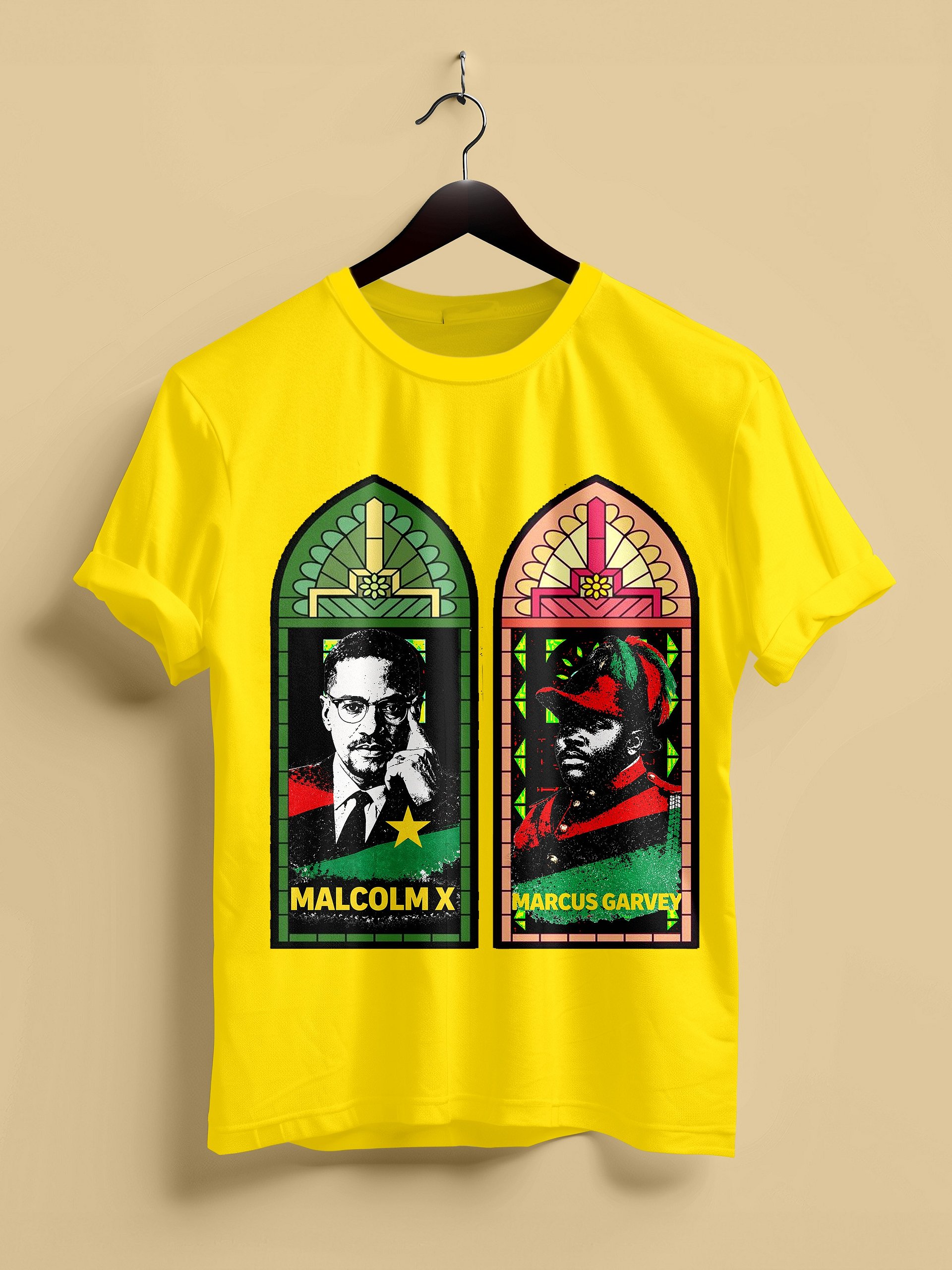 Malcolm X & Marcus Garvey Stained Glass Tee – Pan-African Cathedral Art | Black History Civil Rights T-Shirt product image (1)