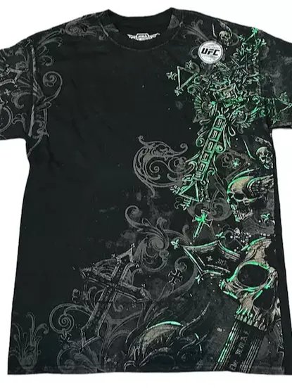 Rare MMA ELITE Black Green Foil Skulls Cross Short Sleeve Y2K T-shirt NWT product image (1)