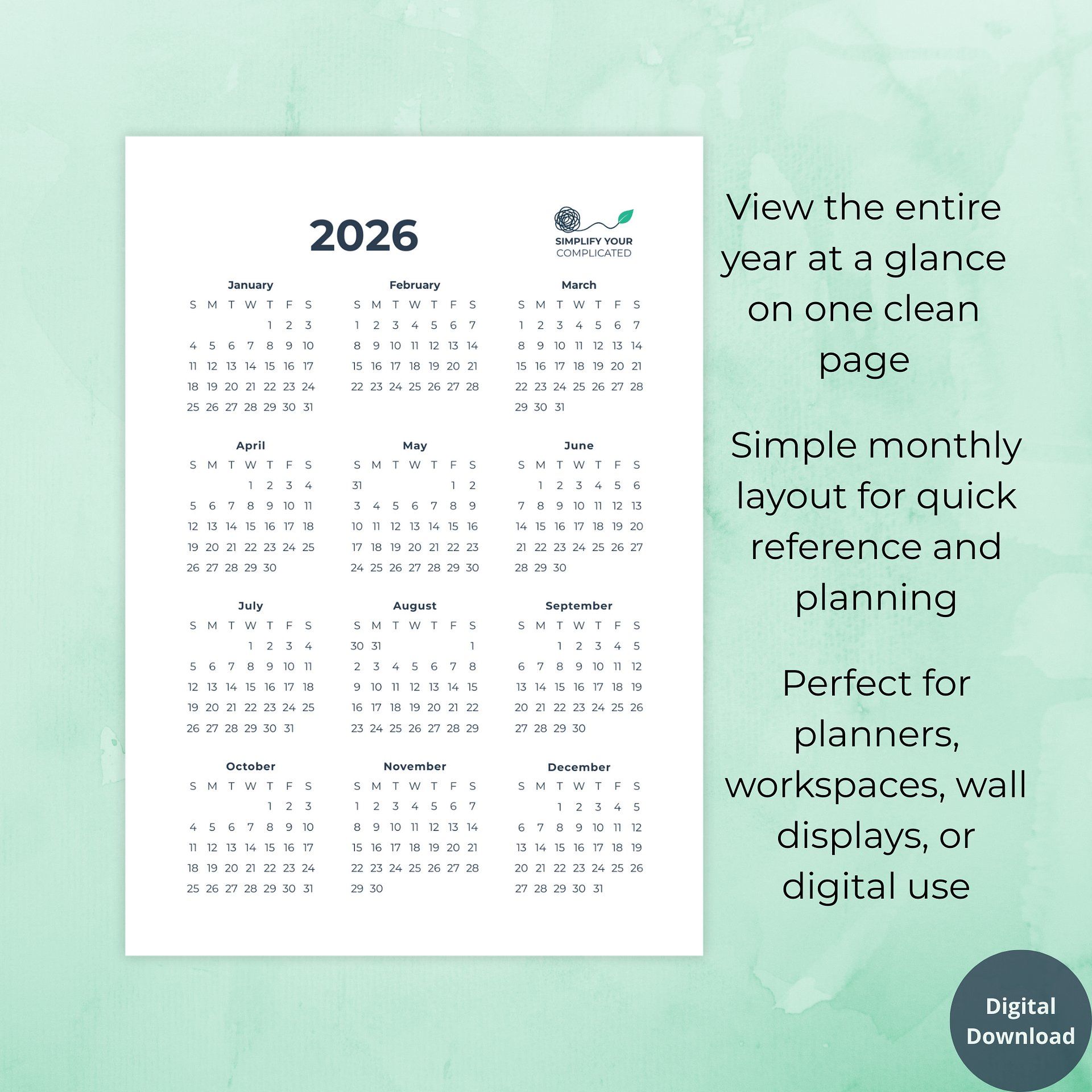 2026 One-Page Calendar product image (2)