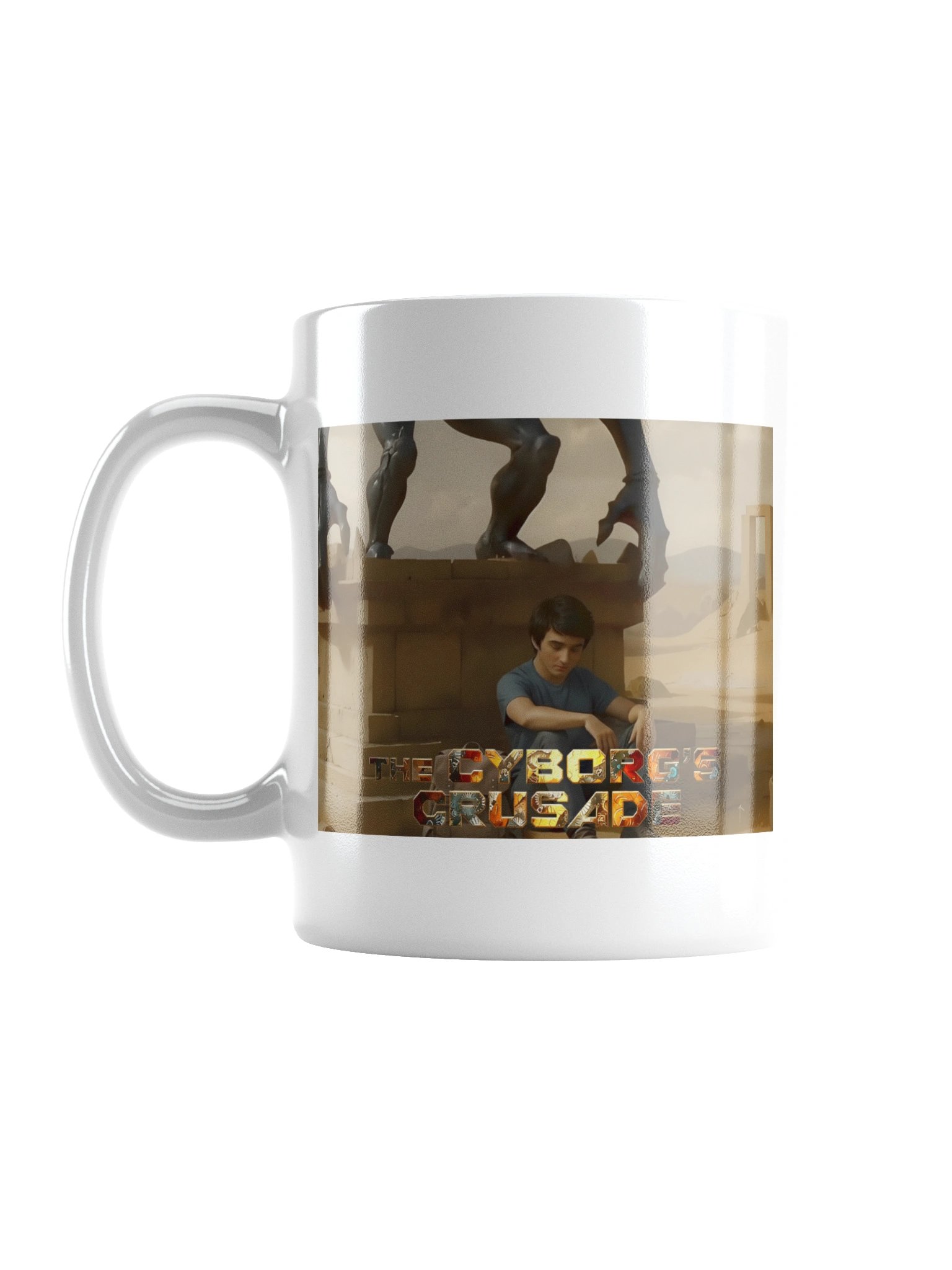 A White Mug Featuring James Hunter Sitting at the Foot of the Mysterious Statue product image (1)