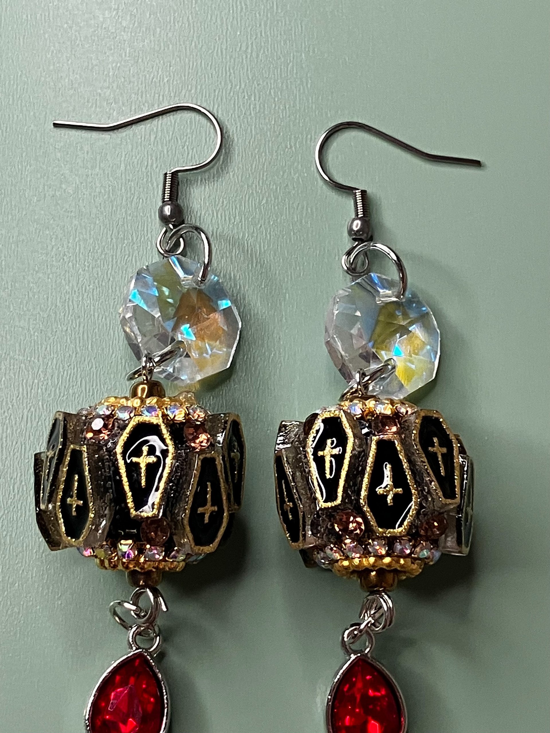 Blood Moon Crypt Black Coffin Beads & Red Rhinestone Drops Hook Earrings Handmade product image (3)