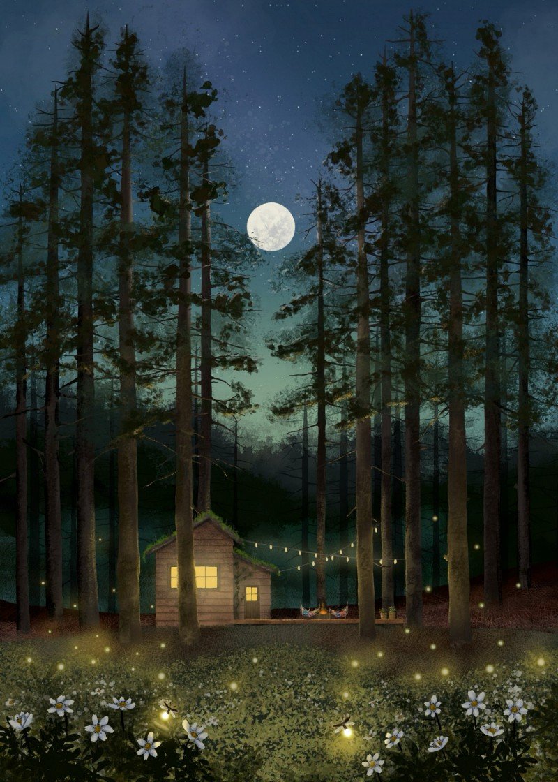 Cabin in the Woods Under a Full Moon Art Print product image (1)