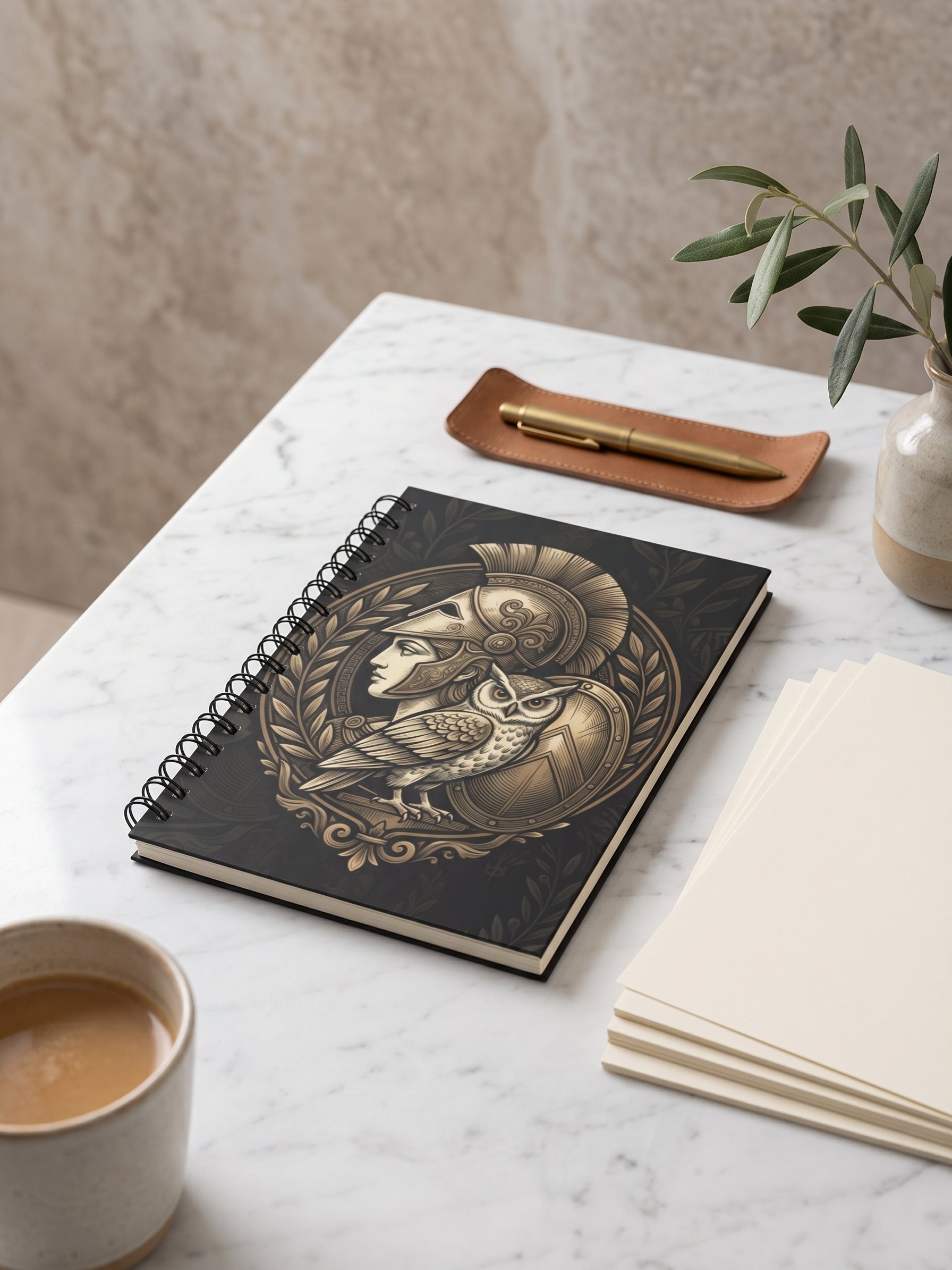Athena Notebook – Greek Mythology Spiral Journal with Owl & Warrior Design product image (1)