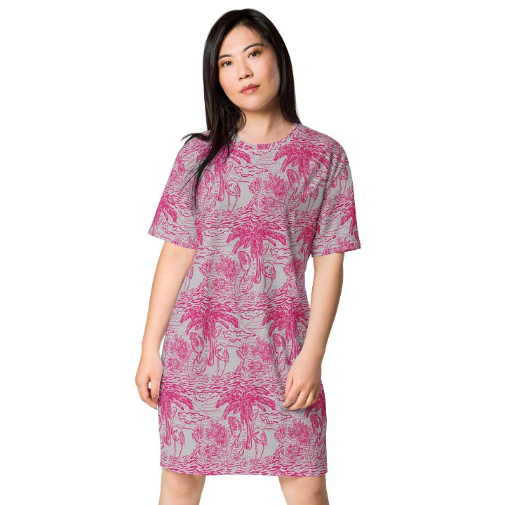 Flamingo Fancy Toile | Pink on Grey Tropical Toile | T-Shirt Dress | by Monique Faella Designs™ product image (2)