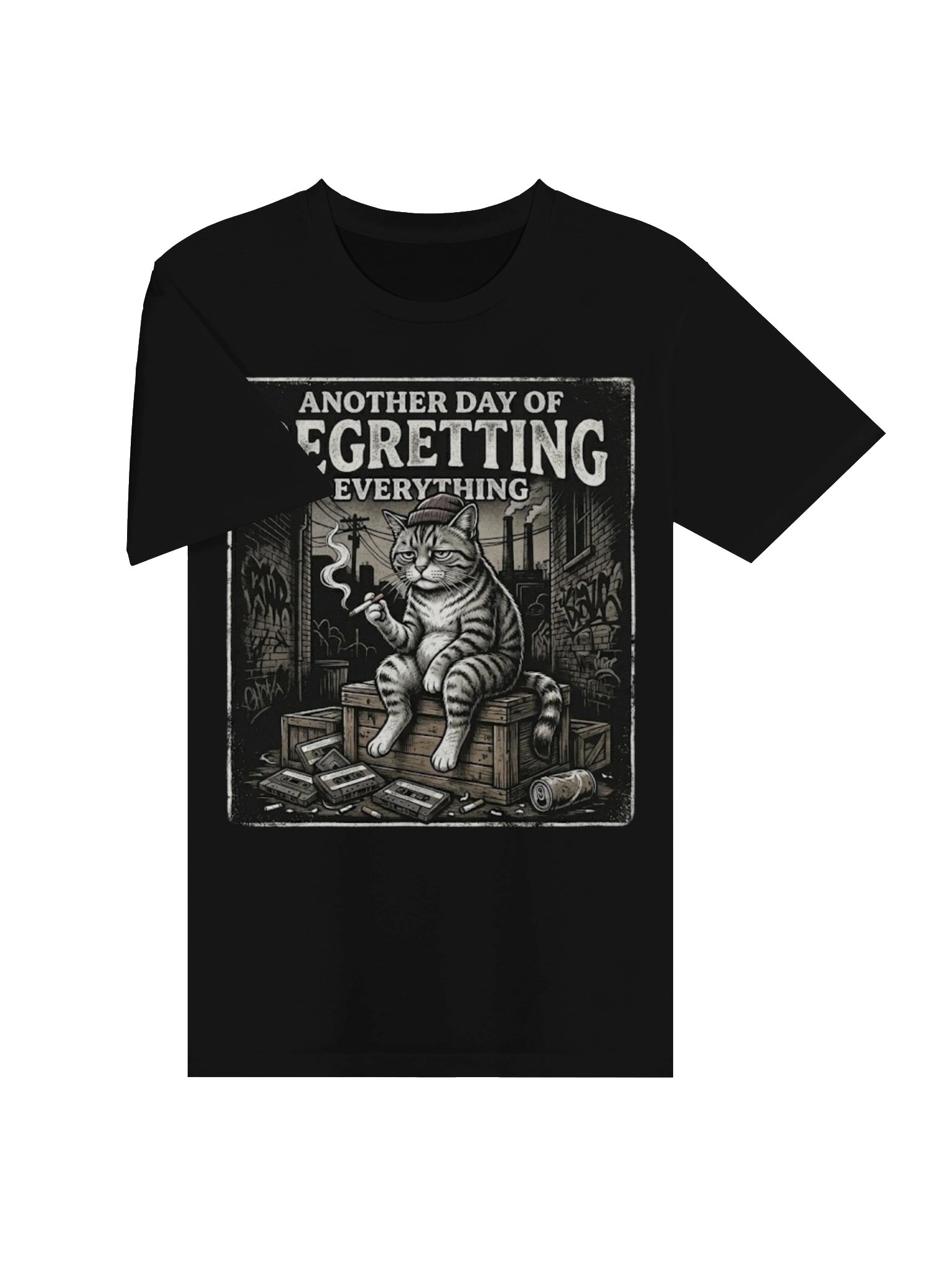 Funny Dark Humor Smoking Cat T-Shirt Design | "Another Day Of Regretting Everything" Vintage Graphic Art product image (18)